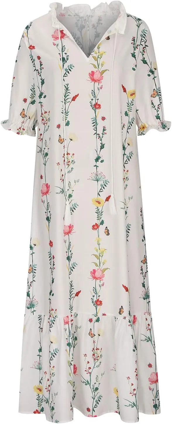 Vacation Dresses for Women 3/4 Length Sleeve V-Neck Summer Dress Empire Waist Casual Flowy Vintage Graphic Dress