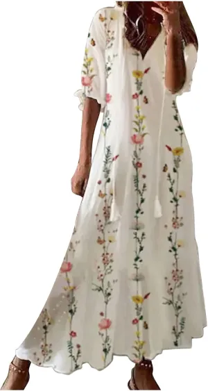 Vacation Dresses for Women 3/4 Length Sleeve V-Neck Summer Dress Empire Waist Casual Flowy Vintage Graphic Dress