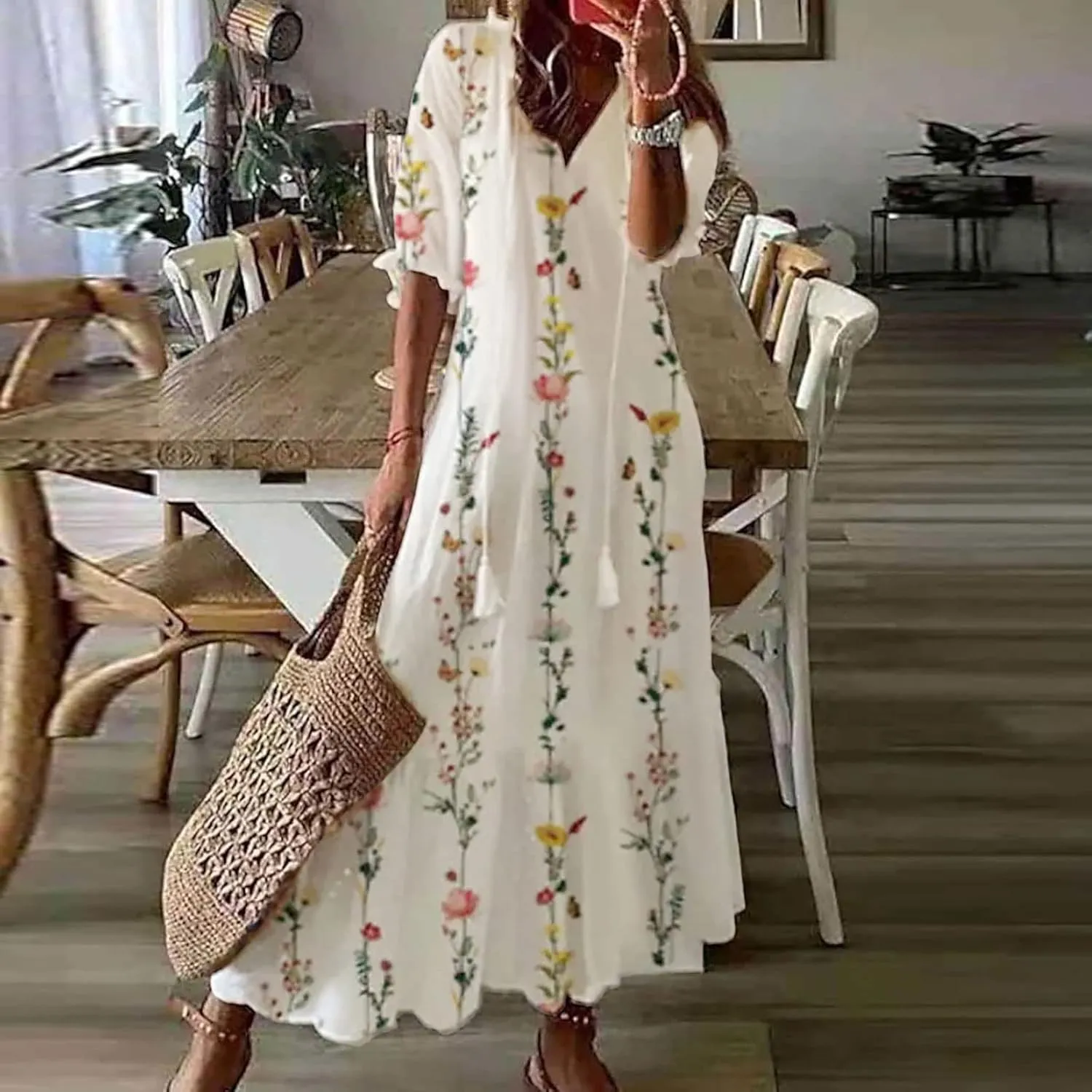 Vacation Dresses for Women 3/4 Length Sleeve V-Neck Summer Dress Empire Waist Casual Flowy Vintage Graphic Dress