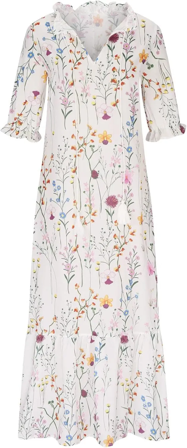 Vacation Dresses for Women 3/4 Length Sleeve V-Neck Summer Dress Empire Waist Casual Flowy Vintage Graphic Dress