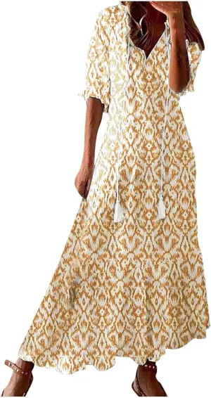 Vacation Dresses for Women 3/4 Length Sleeve V-Neck Summer Dress Empire Waist Casual Flowy Vintage Graphic Dress
