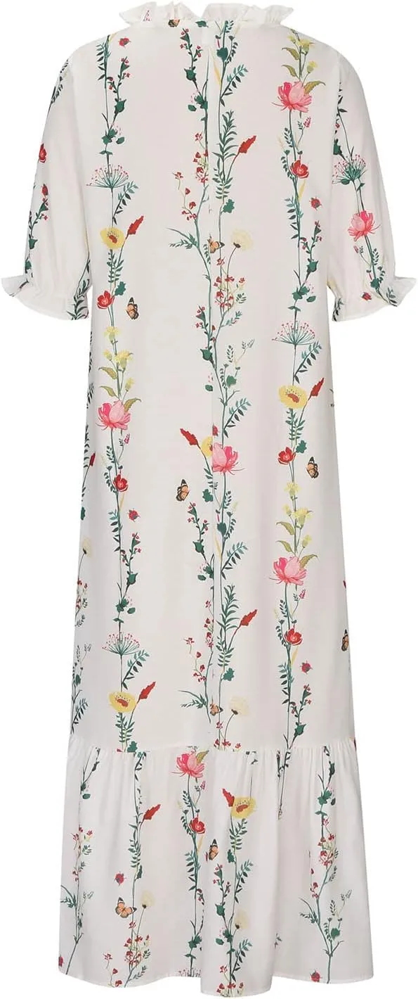 Vacation Dresses for Women 3/4 Length Sleeve V-Neck Summer Dress Empire Waist Casual Flowy Vintage Graphic Dress