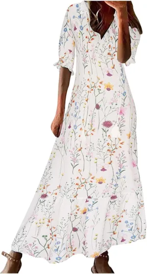 Vacation Dresses for Women 3/4 Length Sleeve V-Neck Summer Dress Empire Waist Casual Flowy Vintage Graphic Dress
