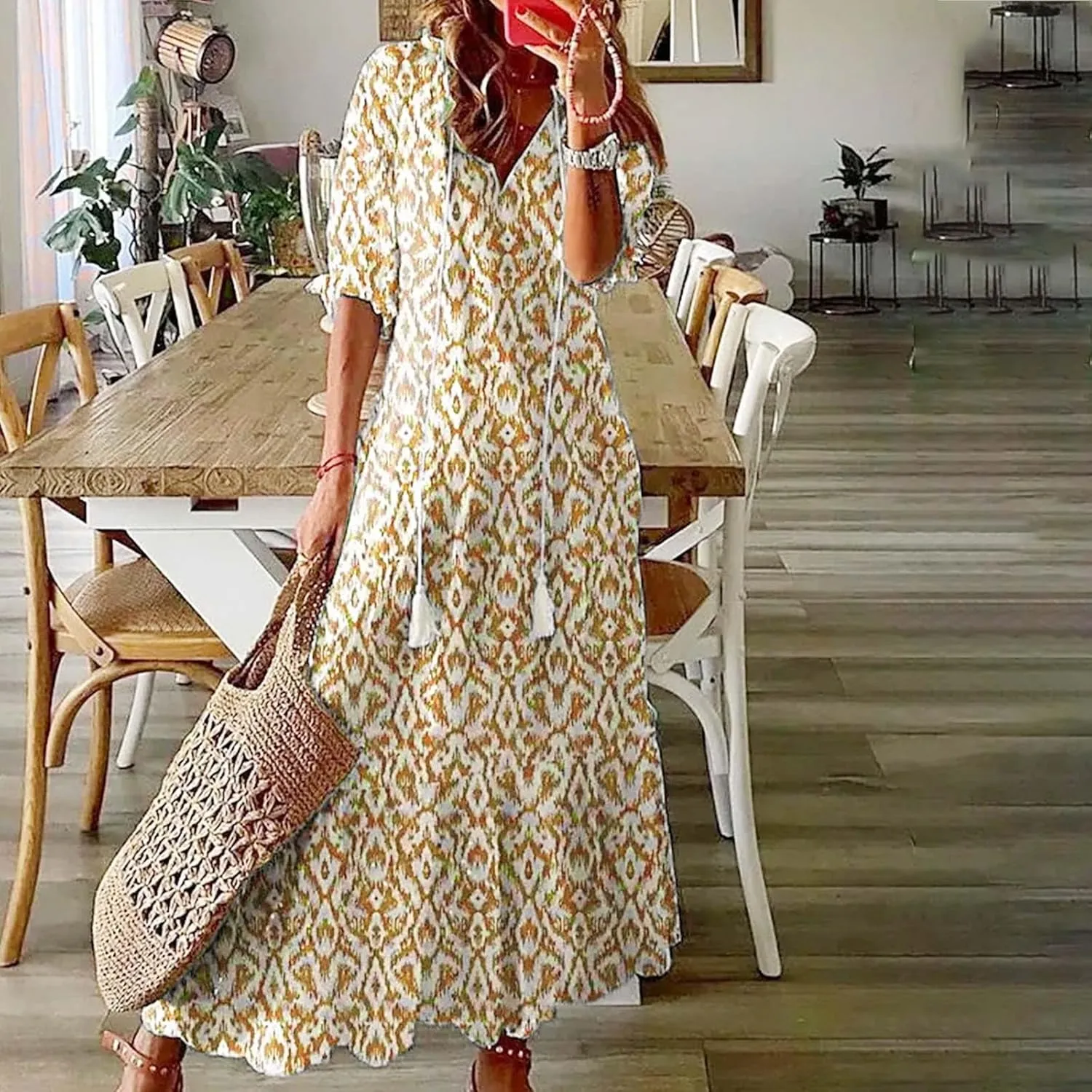 Vacation Dresses for Women 3/4 Length Sleeve V-Neck Summer Dress Empire Waist Casual Flowy Vintage Graphic Dress