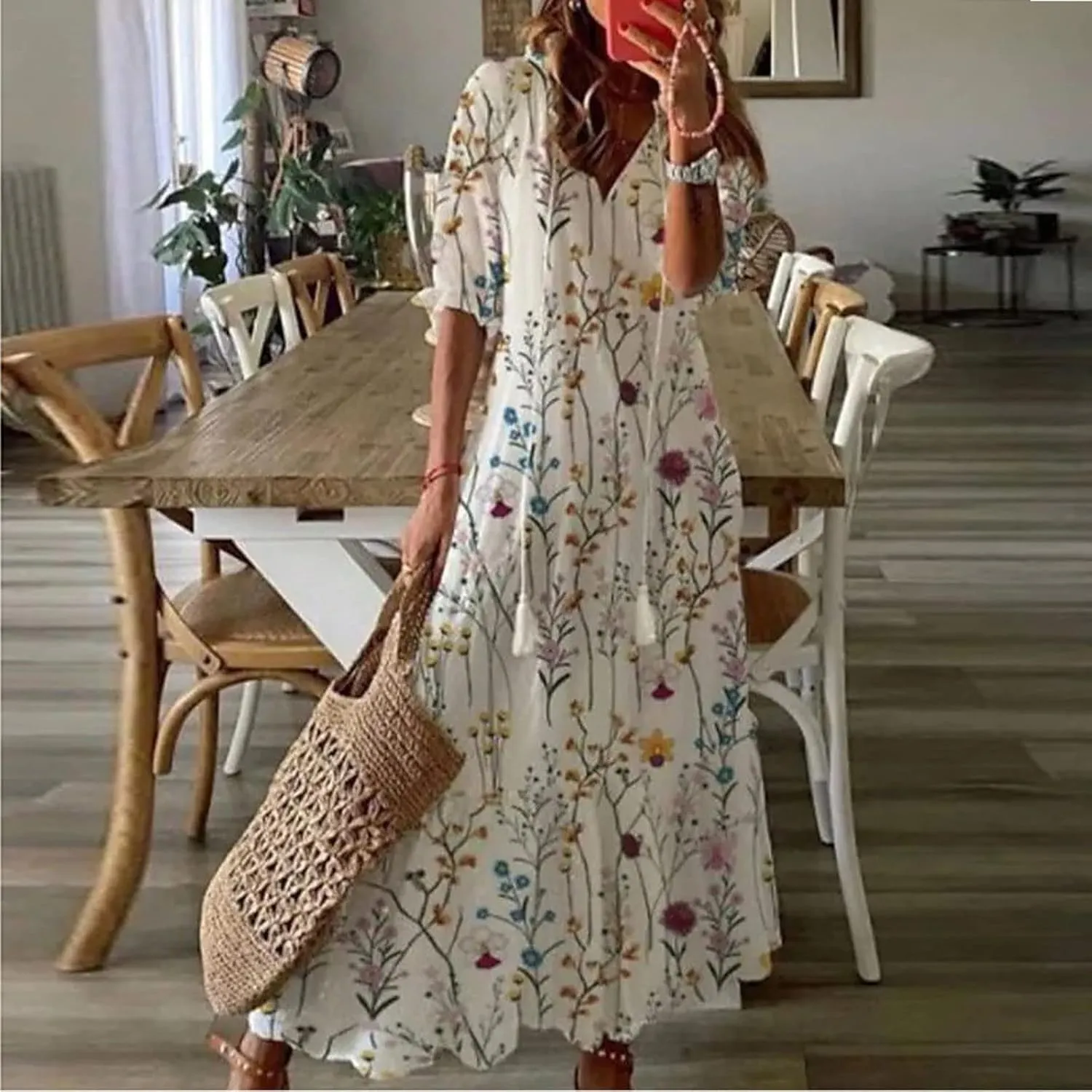 Vacation Dresses for Women 3/4 Length Sleeve V-Neck Summer Dress Empire Waist Casual Flowy Vintage Graphic Dress