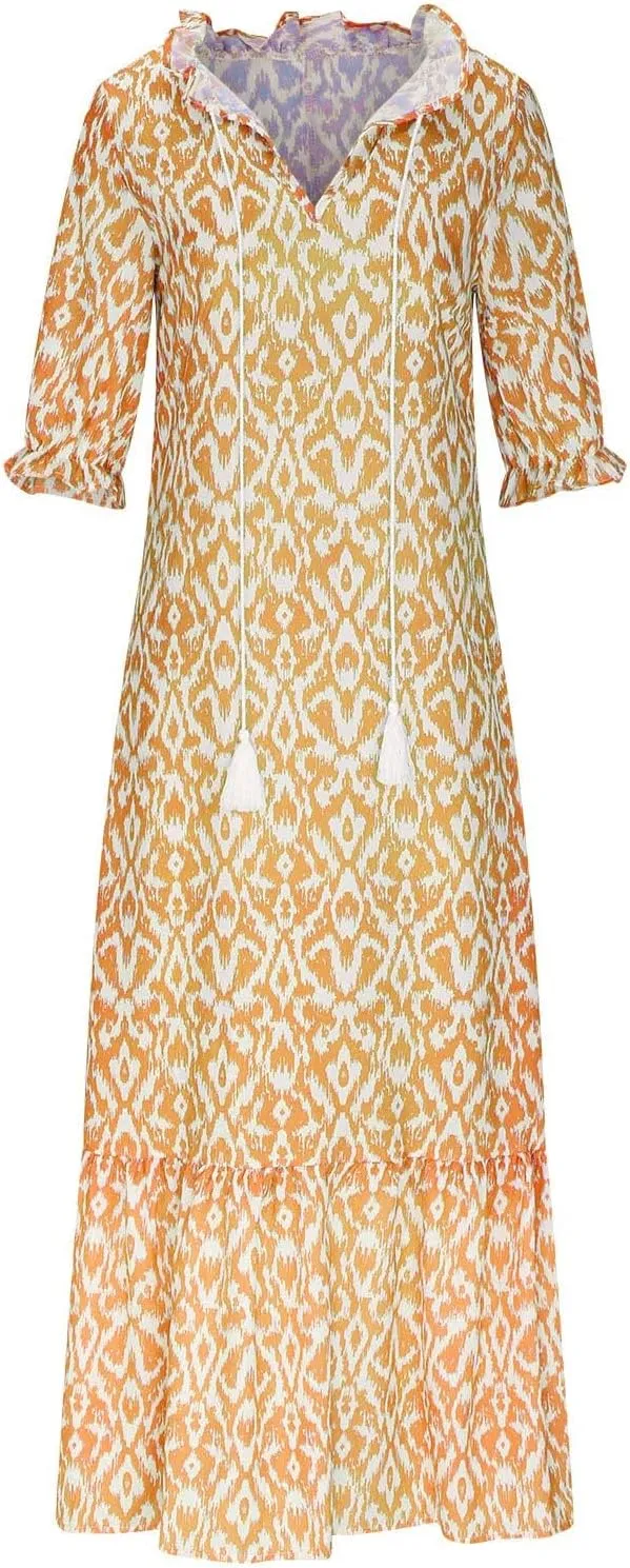 Vacation Dresses for Women 3/4 Length Sleeve V-Neck Summer Dress Empire Waist Casual Flowy Vintage Graphic Dress