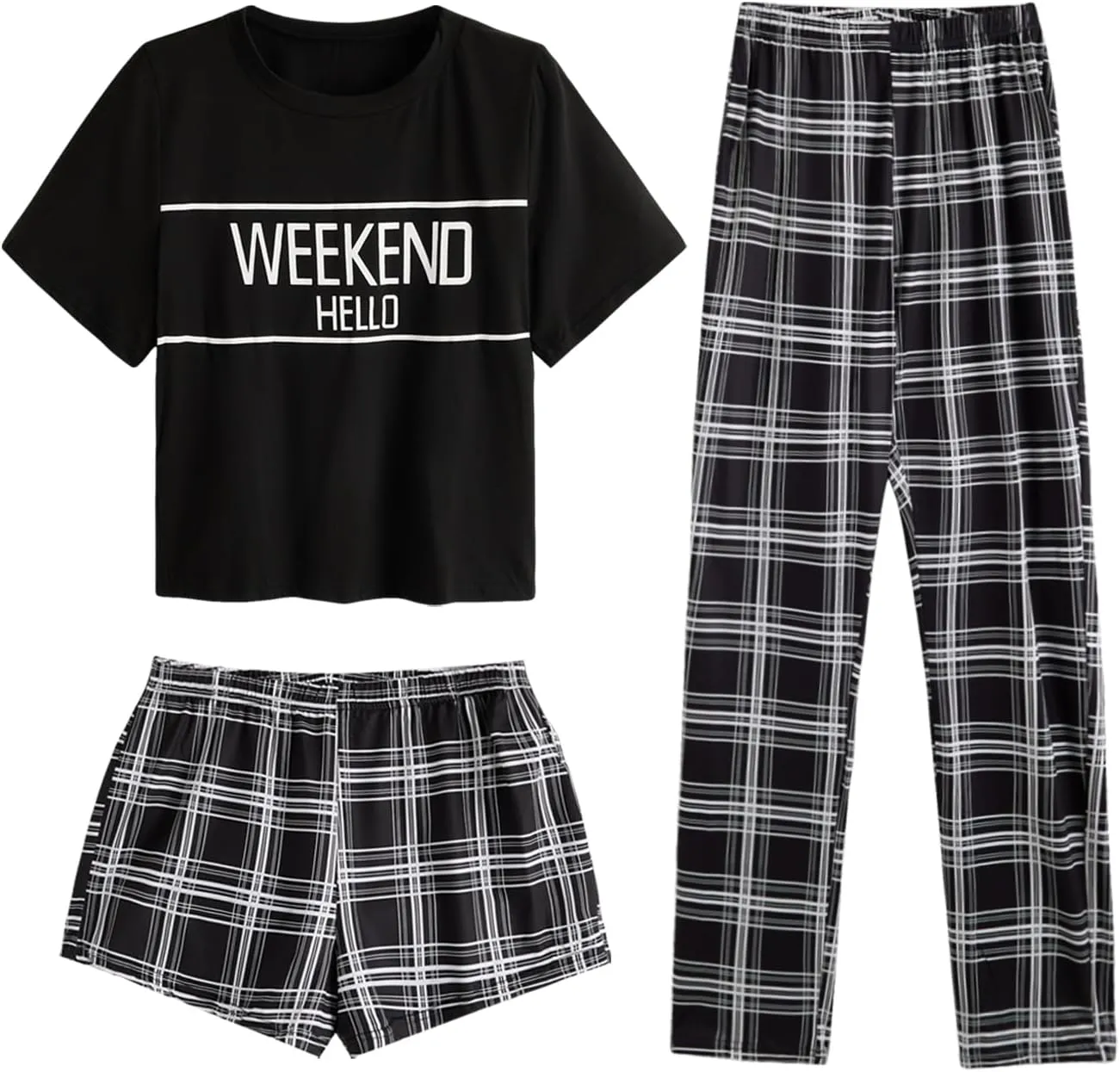 Verdusa Women's 3 Piece Plaid Print Pajama Sets Tee Top and Shorts Pants Pj Set