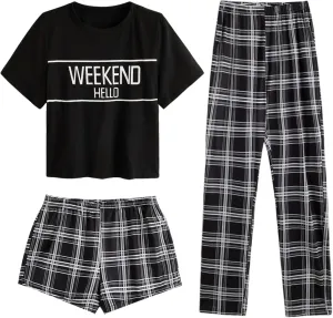 Verdusa Women's 3 Piece Plaid Print Pajama Sets Tee Top and Shorts Pants Pj Set