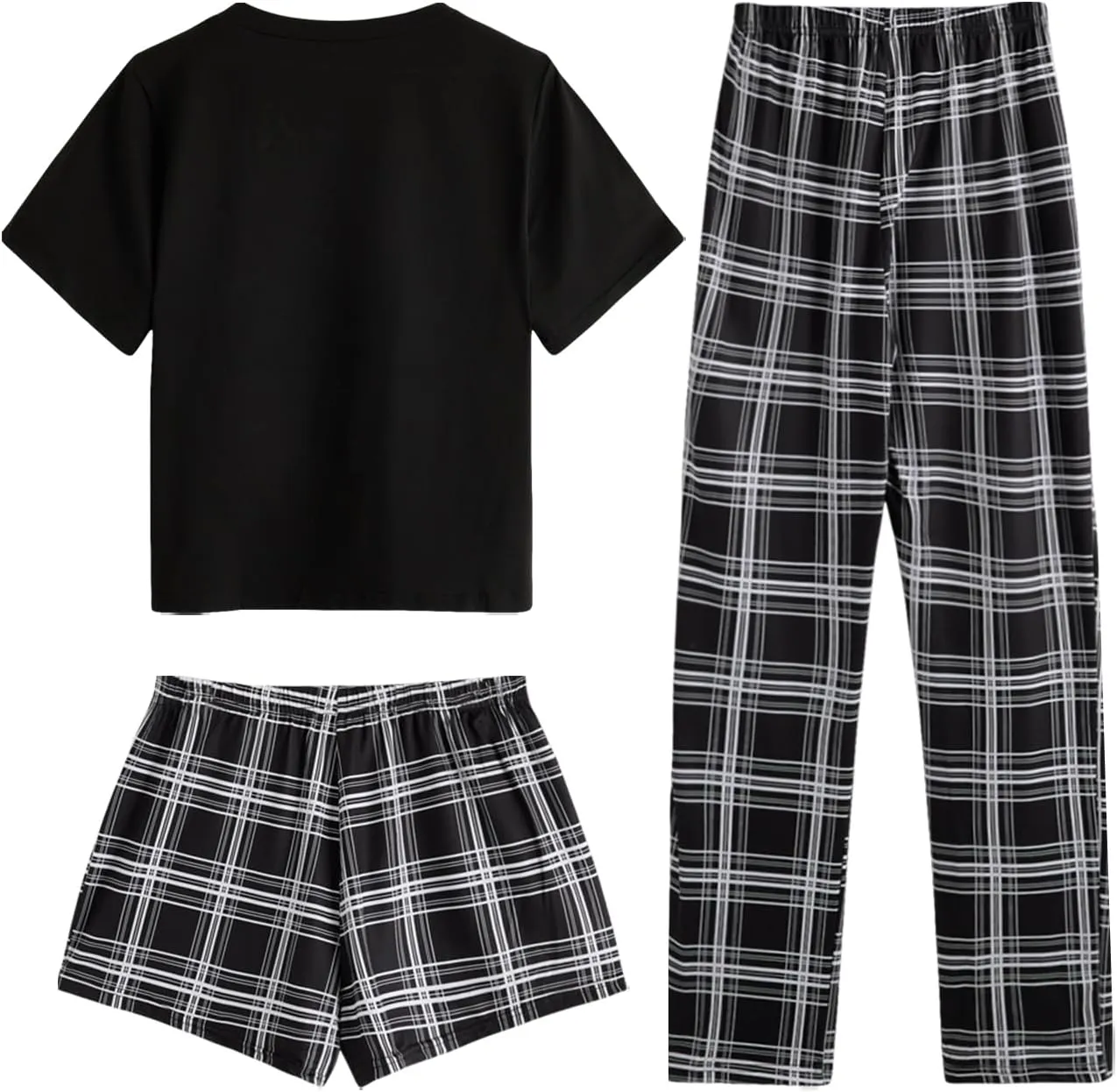 Verdusa Women's 3 Piece Plaid Print Pajama Sets Tee Top and Shorts Pants Pj Set