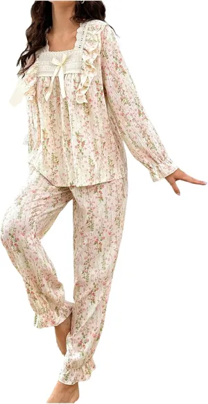 WDIRARA Women's Floral Print Pajama Set Long Sleeve Ruffle Pants Pjs Sets 2 Piece Sleepwear