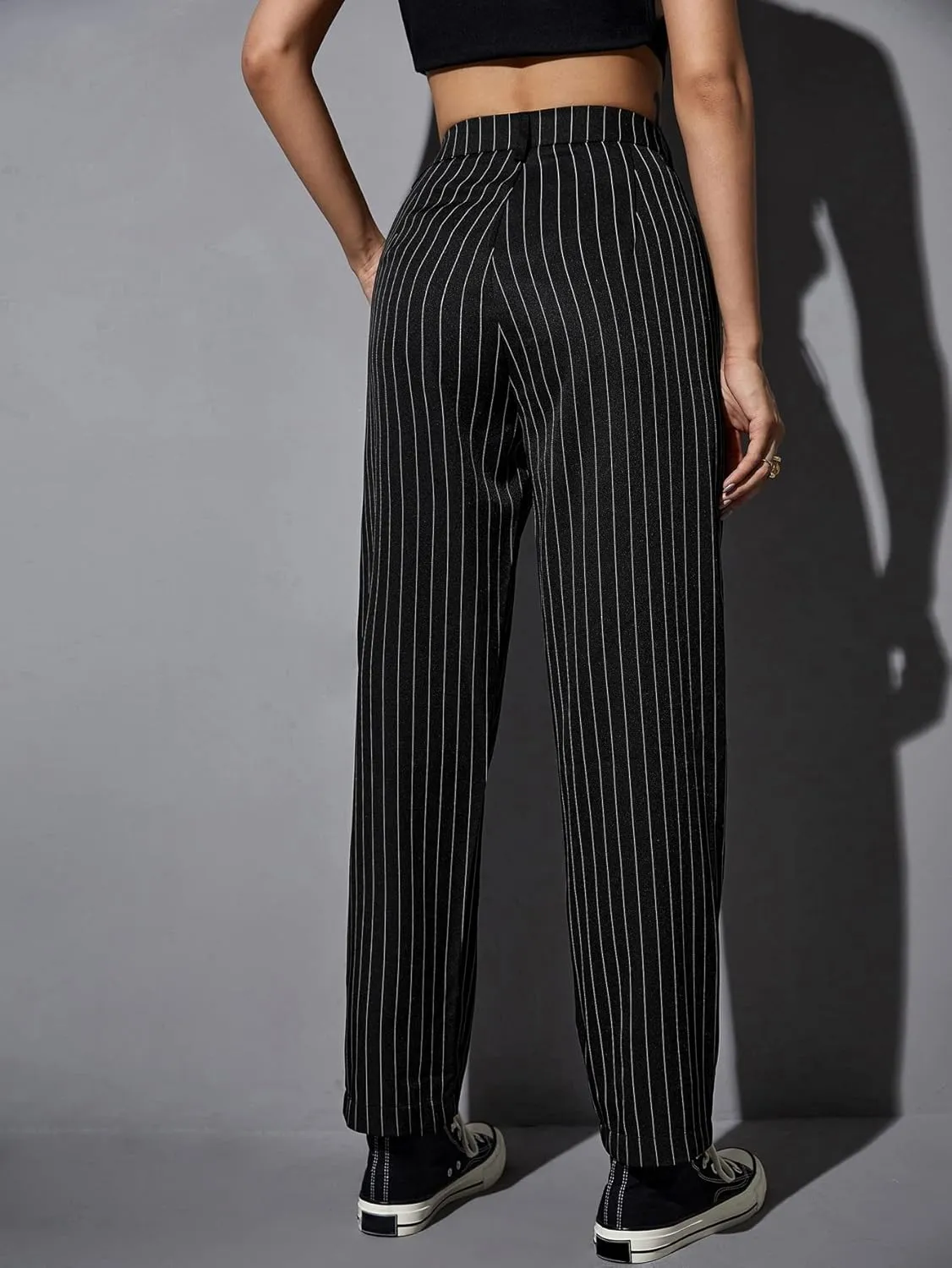 WDIRARA Women's High Waist Colorblock Striped Print Trousers Button Pocket Front Straight Leg Cropped Pants