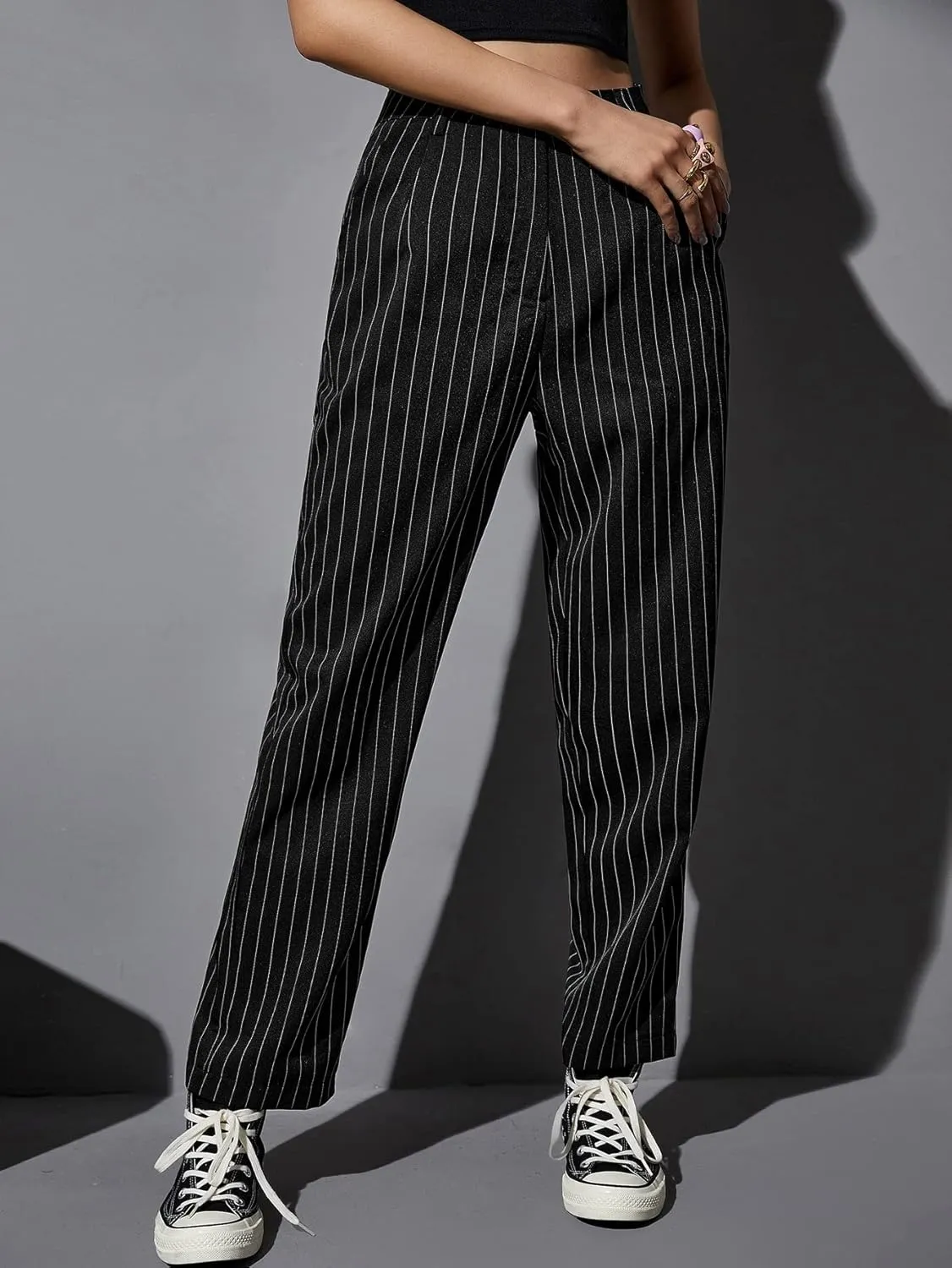 WDIRARA Women's High Waist Colorblock Striped Print Trousers Button Pocket Front Straight Leg Cropped Pants