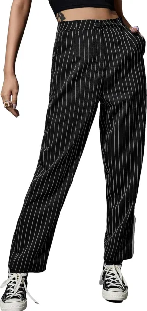 WDIRARA Women's High Waist Colorblock Striped Print Trousers Button Pocket Front Straight Leg Cropped Pants