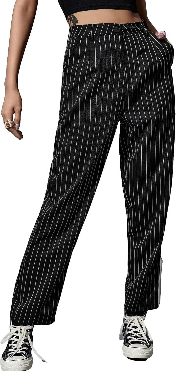 WDIRARA Women's High Waist Colorblock Striped Print Trousers Button Pocket Front Straight Leg Cropped Pants