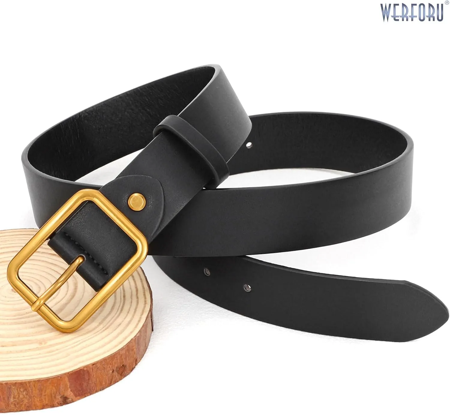 WERFORU Women Classic Black Leather Belt With Square Black Buckle For Jeans Pants,1.3" width