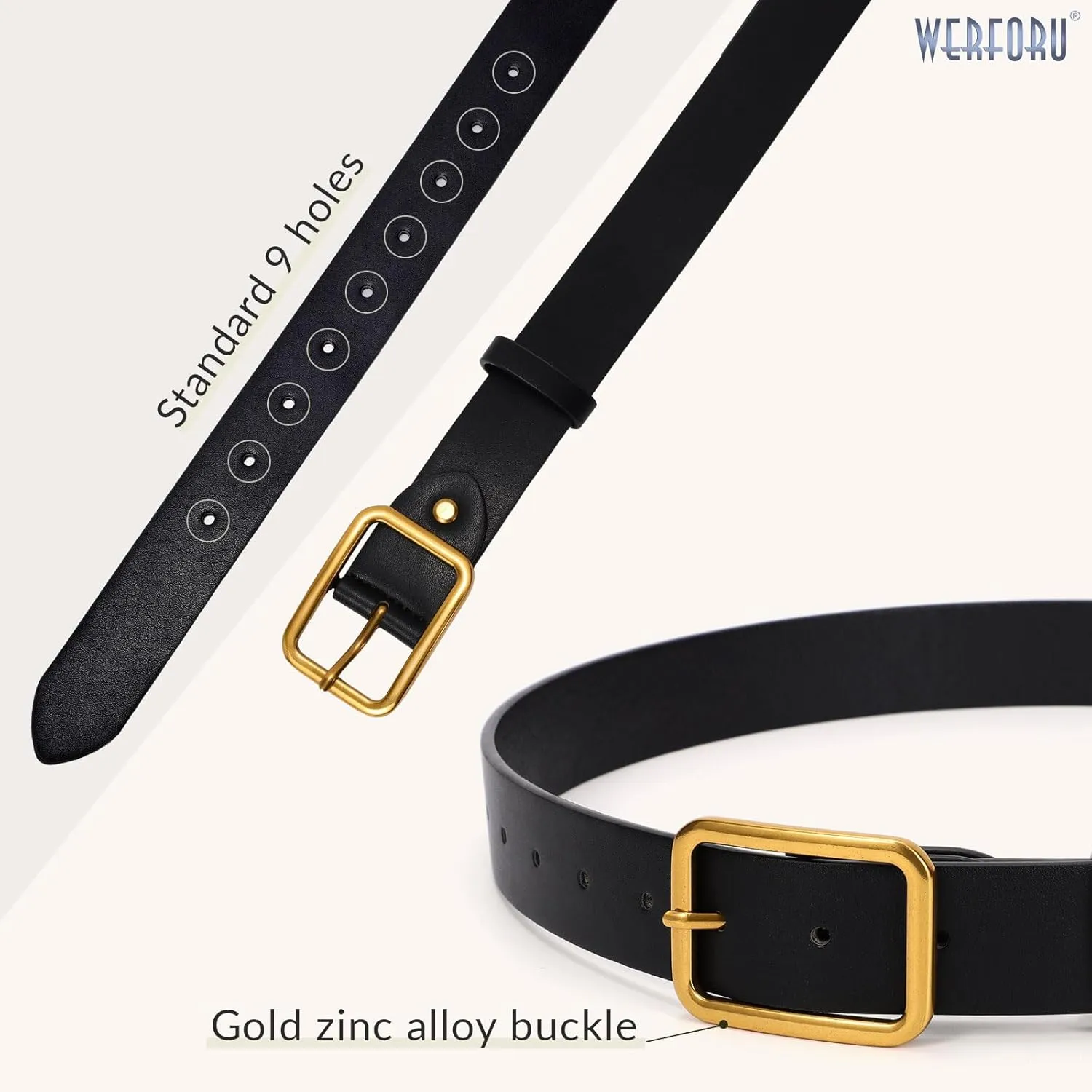 WERFORU Women Classic Black Leather Belt With Square Black Buckle For Jeans Pants,1.3" width