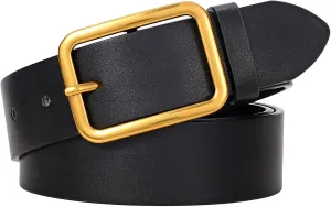WERFORU Women Classic Black Leather Belt With Square Black Buckle For Jeans Pants,1.3" width