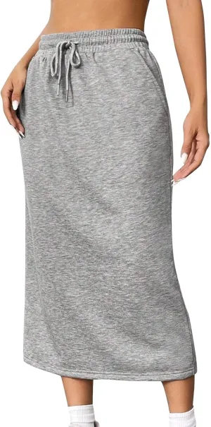 Women Casual Skirts Elastic Waist Drawstring A Line Midi Skirts Summer Sports Loose Fit Comfy Back Split Sweat Skirt