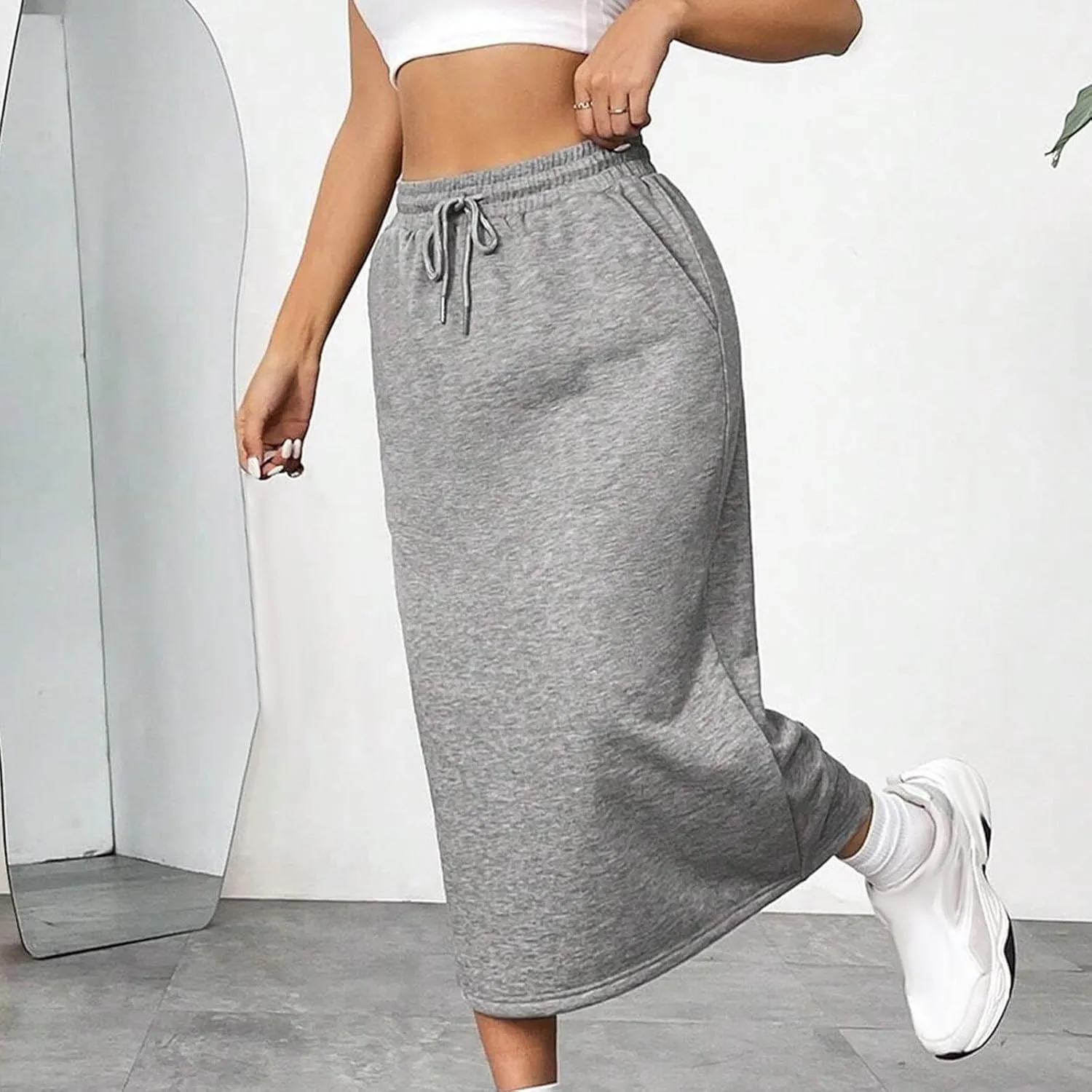 Women Casual Skirts Elastic Waist Drawstring A Line Midi Skirts Summer Sports Loose Fit Comfy Back Split Sweat Skirt