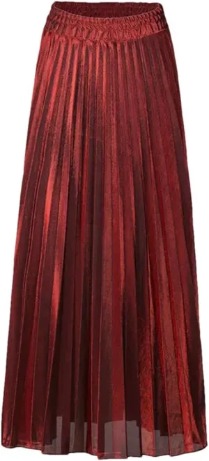 Women Clothes High Waist A-Line Pleated Sliver Vintage Elastic Long Halfbody Skirt