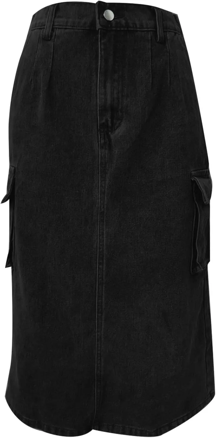 Women Denim Cargo Long Skirts High Waisted Pencil Skirt Midi Length Jean Skirt A-Line Denim Skirt with Cargo Pockets