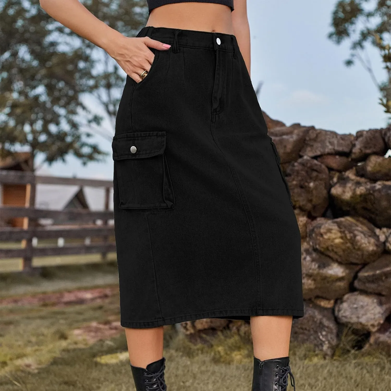 Women Denim Cargo Long Skirts High Waisted Pencil Skirt Midi Length Jean Skirt A-Line Denim Skirt with Cargo Pockets