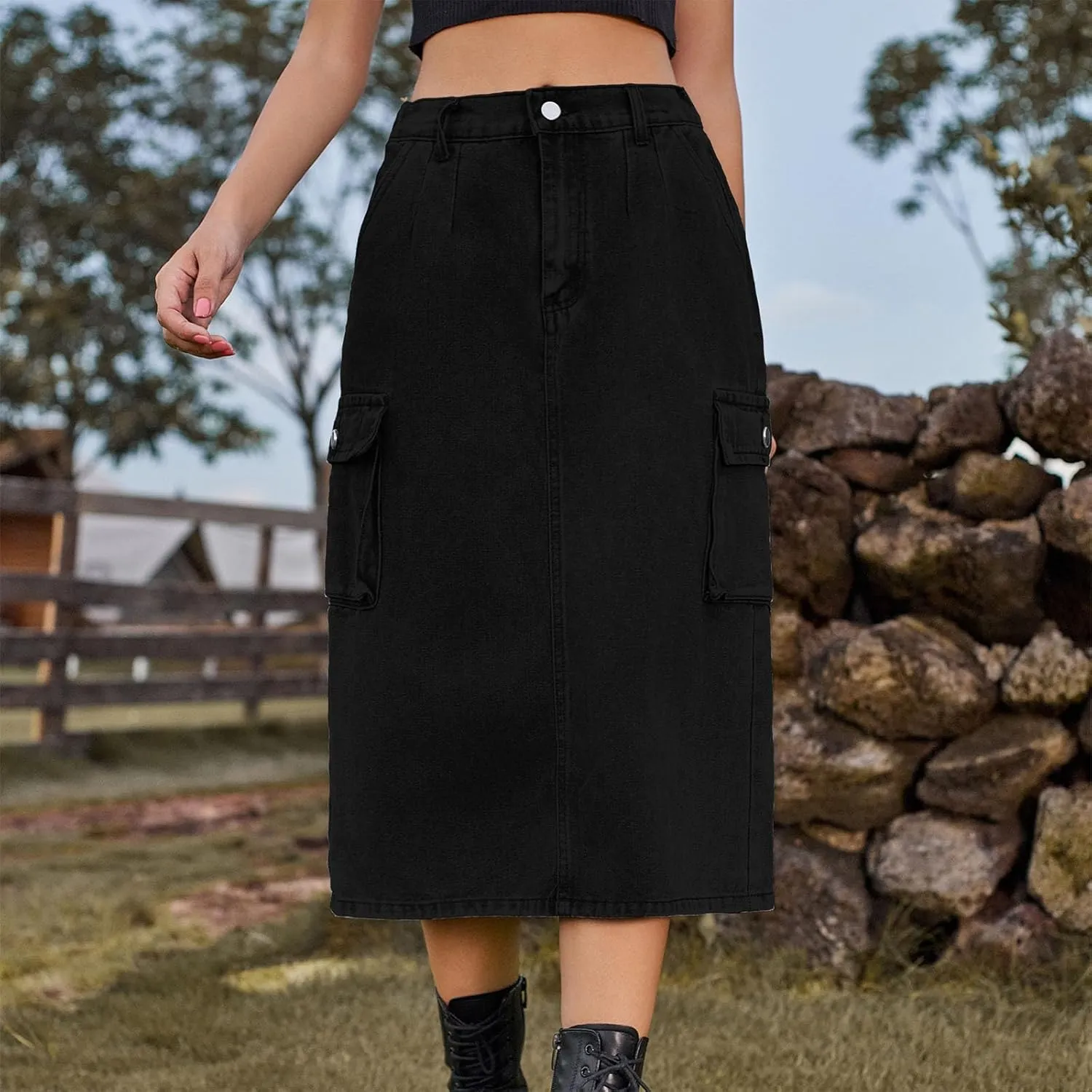 Women Denim Cargo Long Skirts High Waisted Pencil Skirt Midi Length Jean Skirt A-Line Denim Skirt with Cargo Pockets