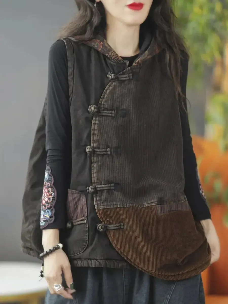 Women Spliced Corduroy Hooded Vest Coat