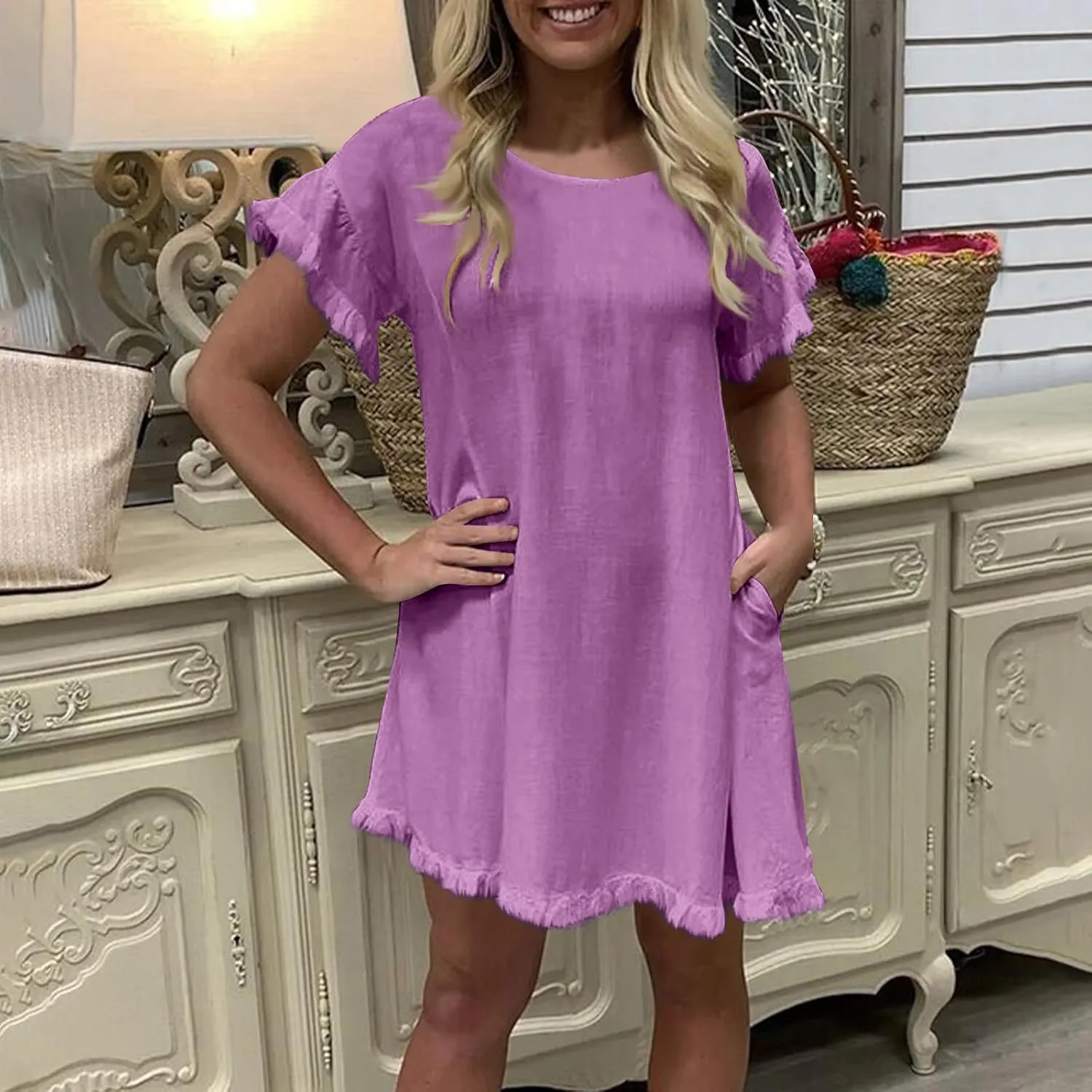 Women Summer Dress Plus Size Round Neck Ruffle Short Sleeve Modest Frayed Dresses Casual Fashion Loose Mini Dress