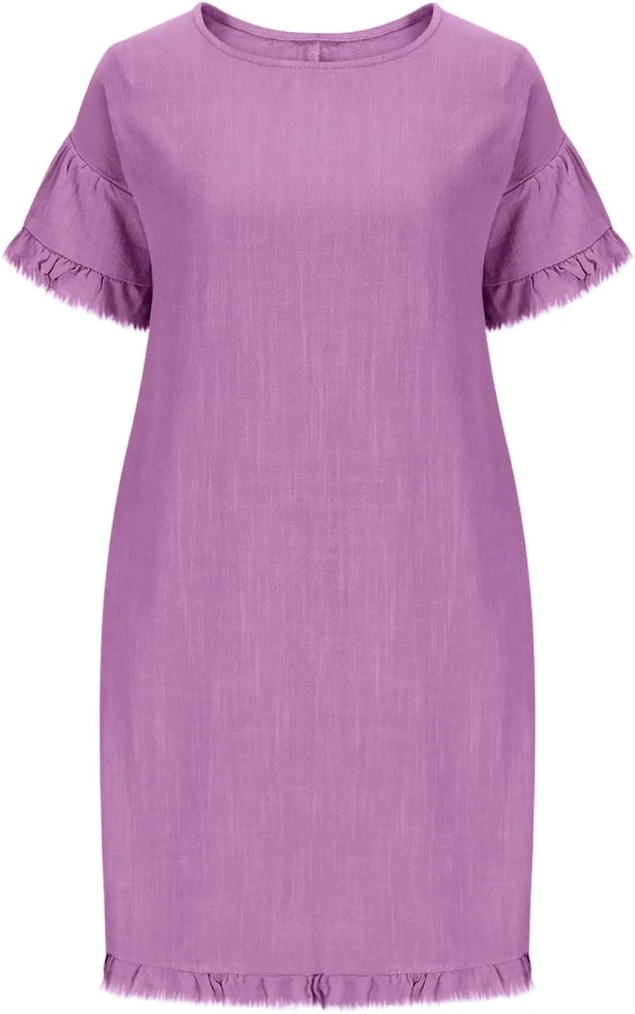 Women Summer Dress Plus Size Round Neck Ruffle Short Sleeve Modest Frayed Dresses Casual Fashion Loose Mini Dress