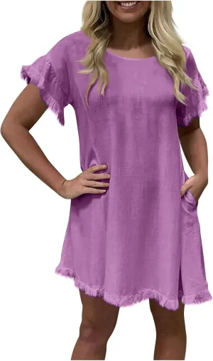 Women Summer Dress Plus Size Round Neck Ruffle Short Sleeve Modest Frayed Dresses Casual Fashion Loose Mini Dress