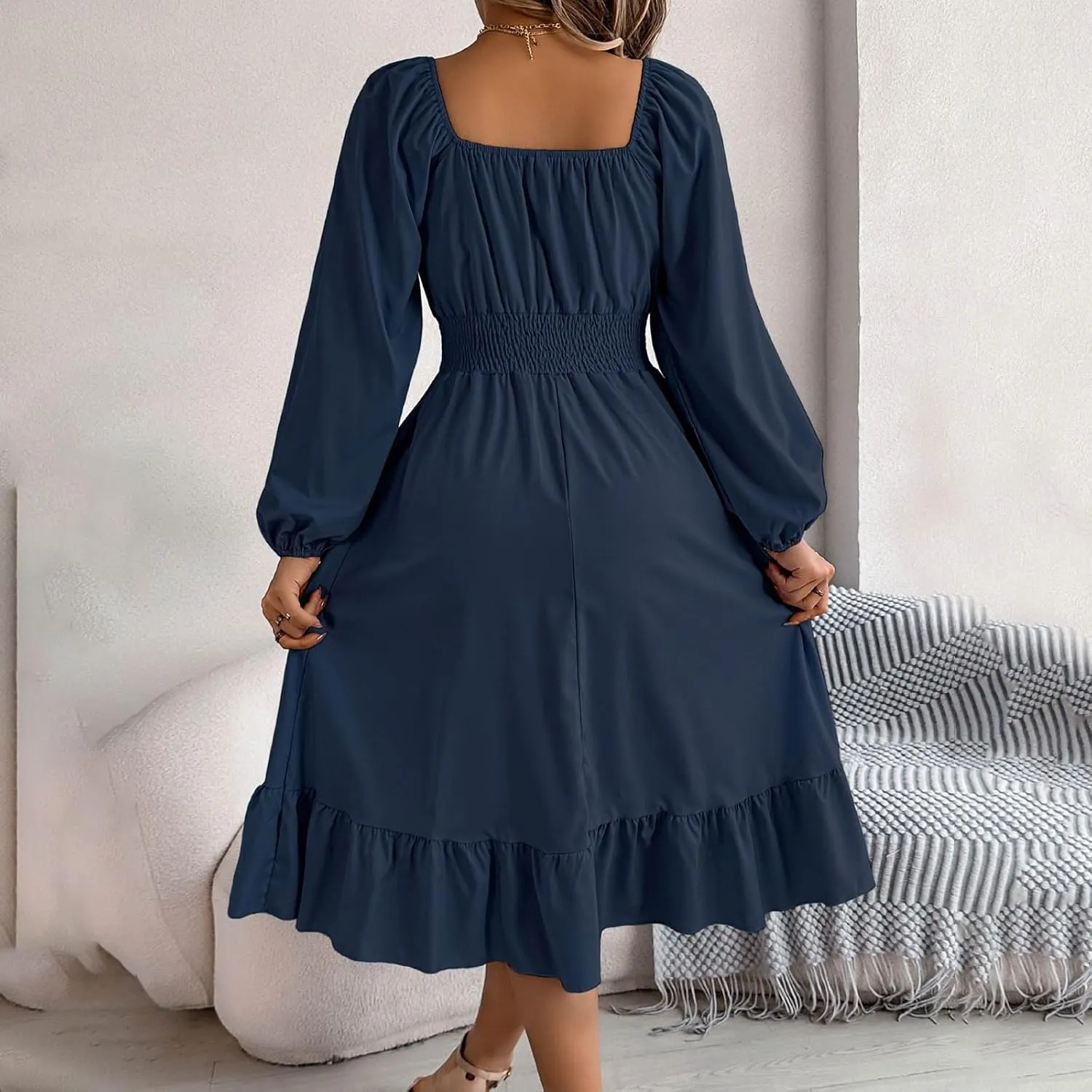 Women's 2025 Summer Casual Midi Dress Lantern Long Sleeve Square Neck Smocked Waist Ruffle Hem A-Line Flowy Dresses