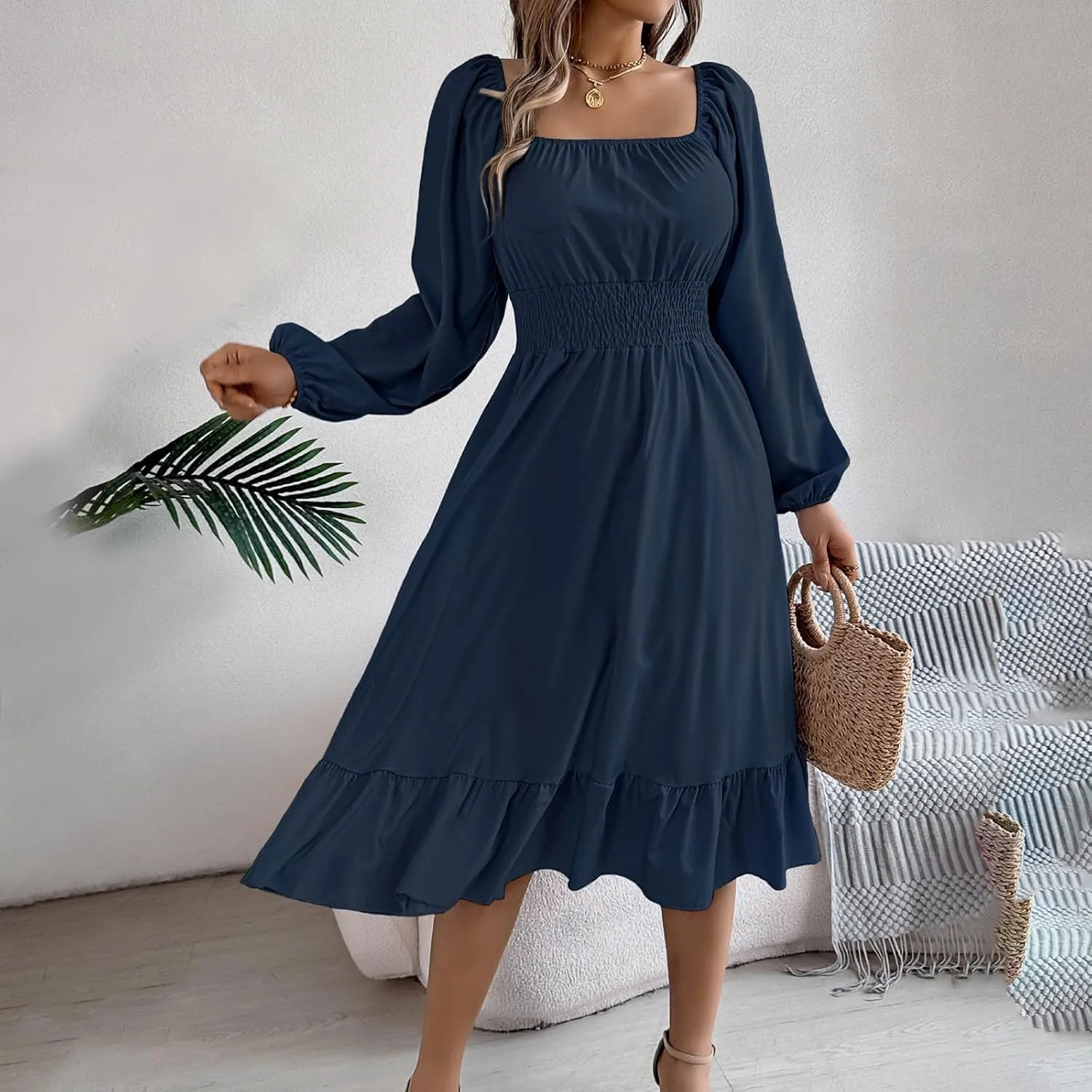 Women's 2025 Summer Casual Midi Dress Lantern Long Sleeve Square Neck Smocked Waist Ruffle Hem A-Line Flowy Dresses