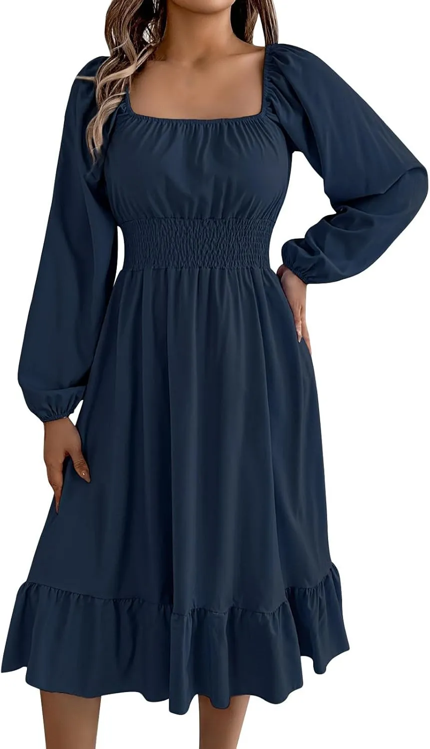 Women's 2025 Summer Casual Midi Dress Lantern Long Sleeve Square Neck Smocked Waist Ruffle Hem A-Line Flowy Dresses