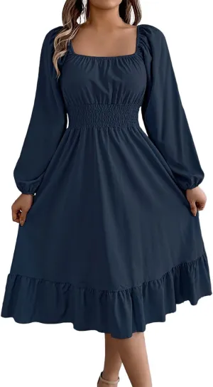 Women's 2025 Summer Casual Midi Dress Lantern Long Sleeve Square Neck Smocked Waist Ruffle Hem A-Line Flowy Dresses