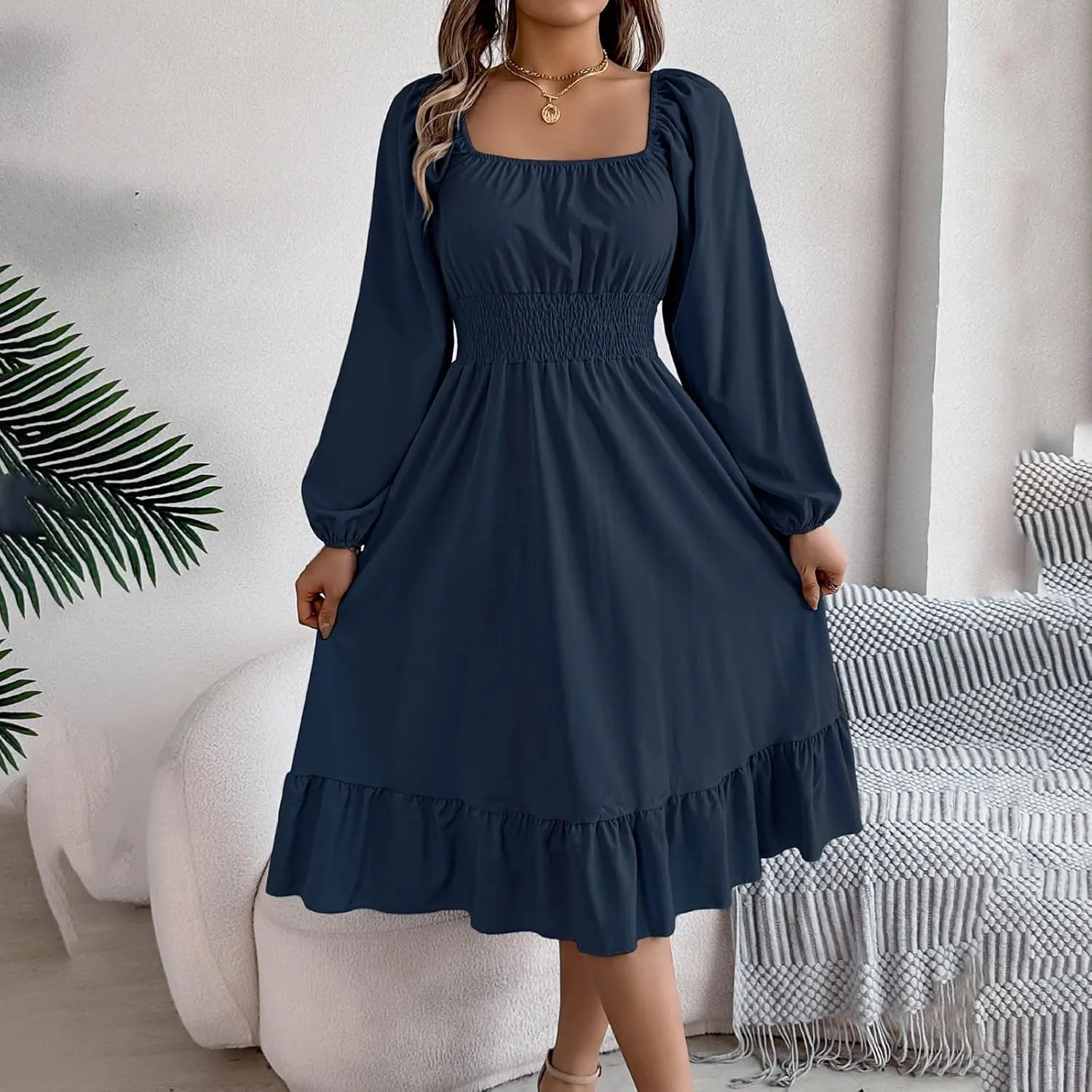 Women's 2025 Summer Casual Midi Dress Lantern Long Sleeve Square Neck Smocked Waist Ruffle Hem A-Line Flowy Dresses