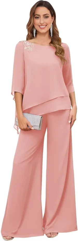 Women's 2PC Mother of The Bride Pants Suits for Wedding Lace Appliqued Chiffon Formal Outfit