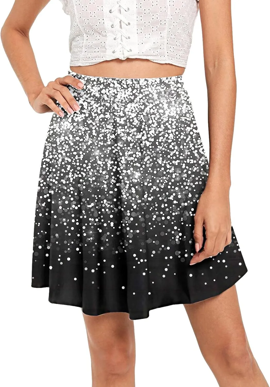 Womens A Line Midi Skirt High Elastic Waist Sequin Skirts Pleated Ruffle Hem Mini Vintage Elegant Casual Skirts