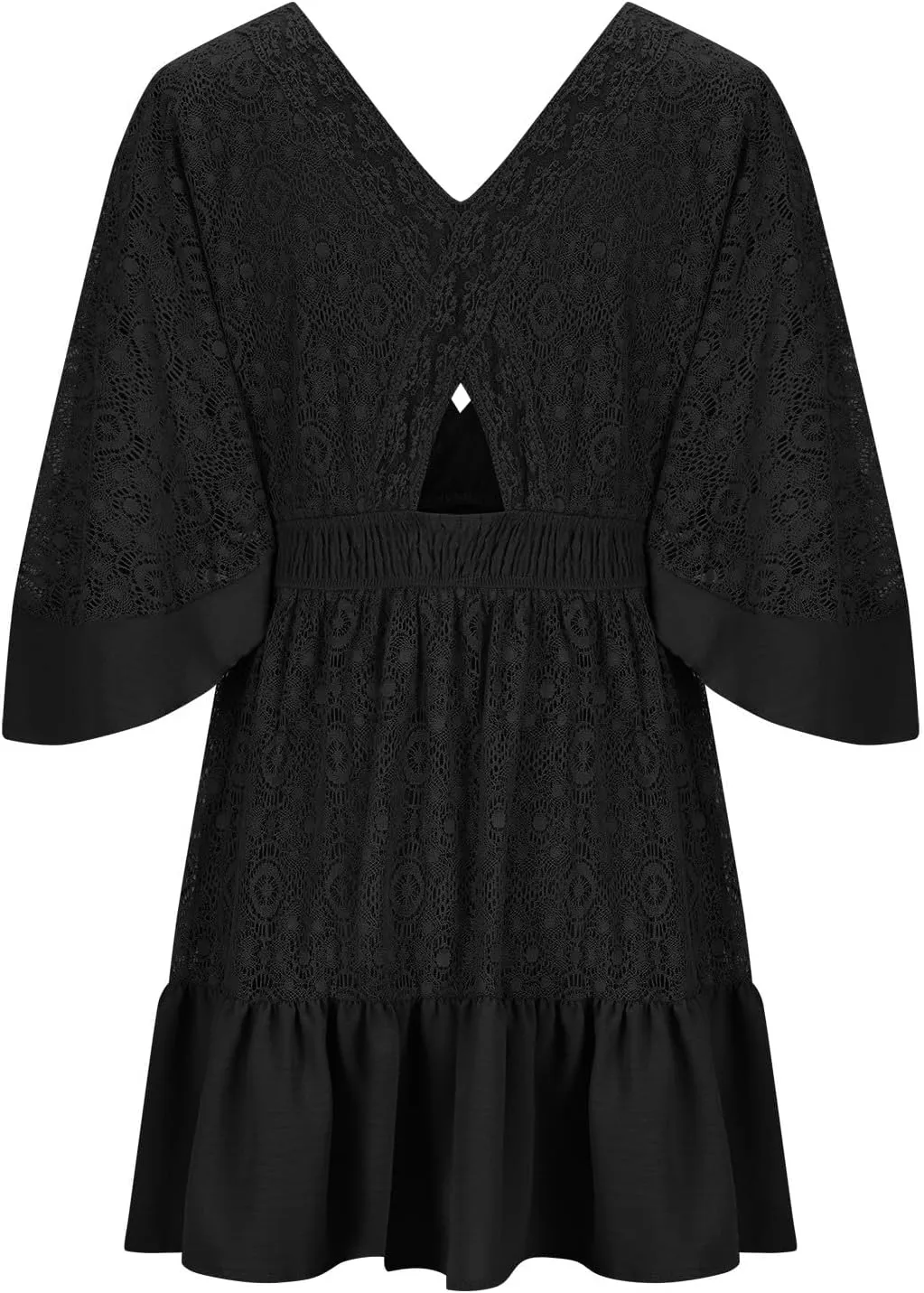Womens Boho Floral Lace Mini Dress Deep V-Neck Smocked Waist Ruffle A-Line Dresses Casual Sexy Flared Sleeves Dress