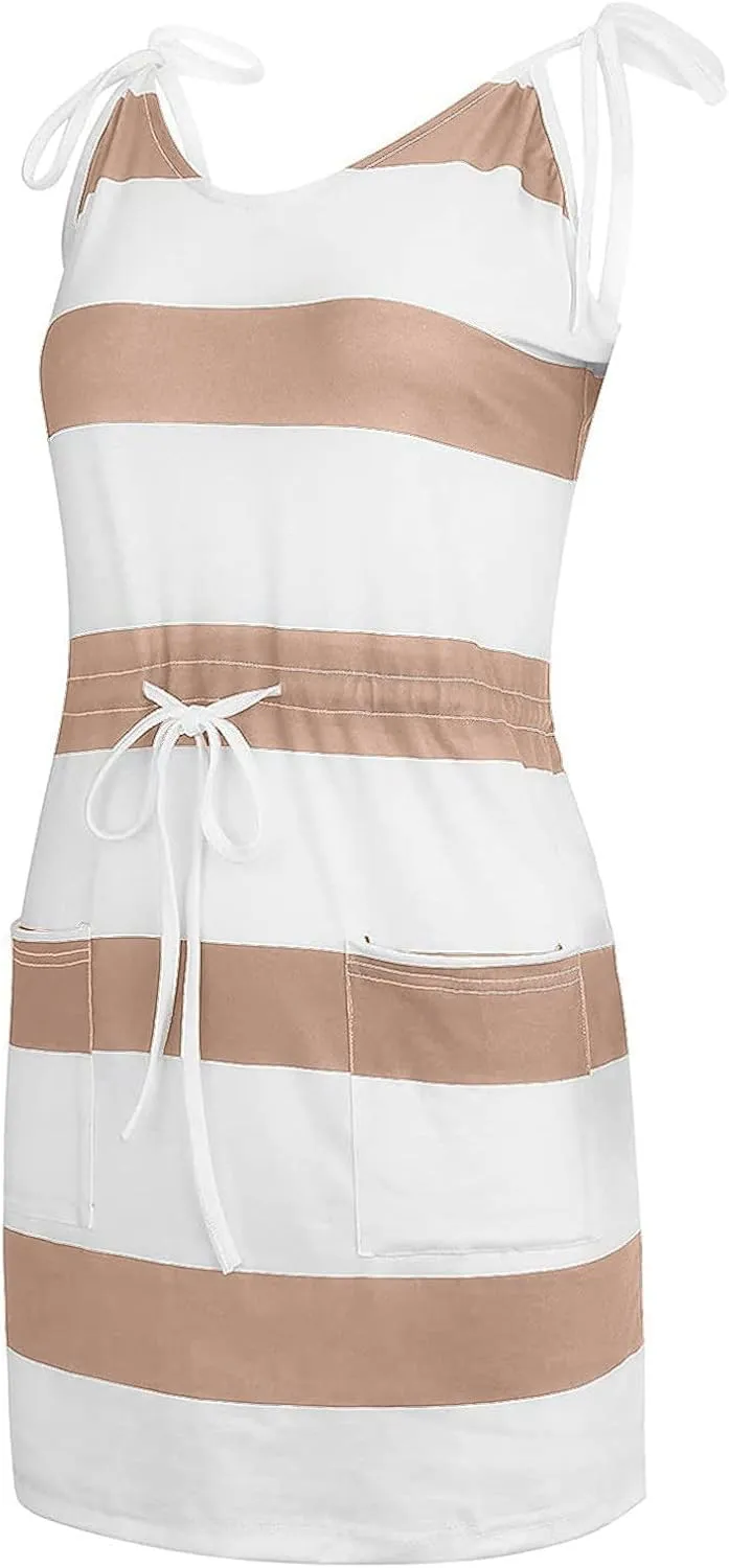 Women's Casual Dresses 2025 Summer Vacation A-Line Stripes Mini Dresses V-Neck Sleeveless Mini Dresses with Pockets