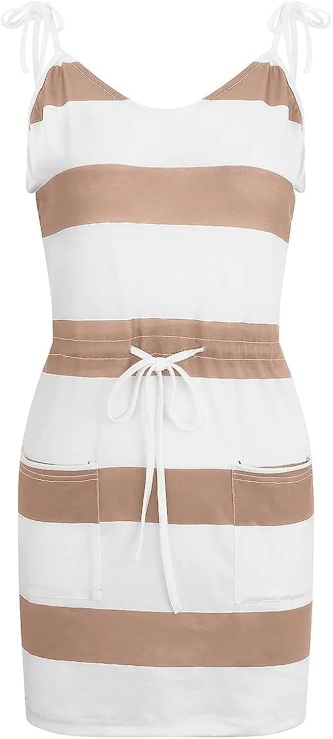 Women's Casual Dresses 2025 Summer Vacation A-Line Stripes Mini Dresses V-Neck Sleeveless Mini Dresses with Pockets