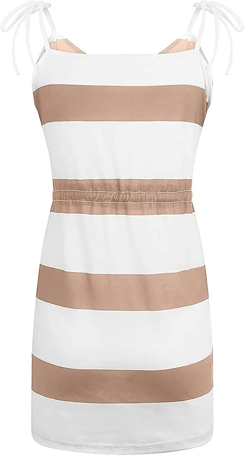 Women's Casual Dresses 2025 Summer Vacation A-Line Stripes Mini Dresses V-Neck Sleeveless Mini Dresses with Pockets