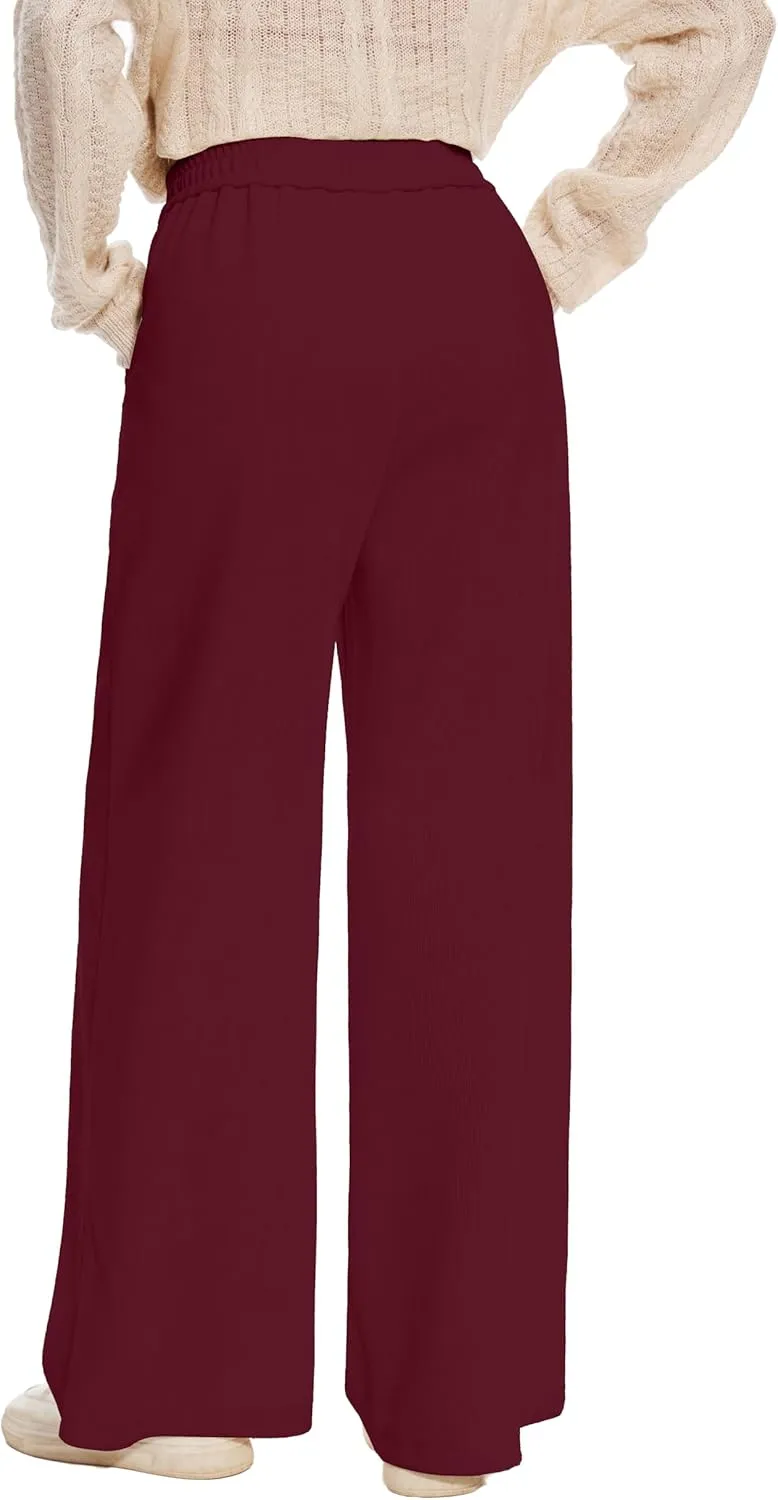 Women's Corduroy Loose Mid Rise Pant Casual Fall Straight Leg Elastic Waist Pants with Pockets