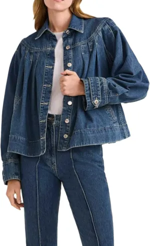 Womens Cropped Denim Jacket Long Sleeve Collared Button Down Pleated Jean Jckets with Pockets