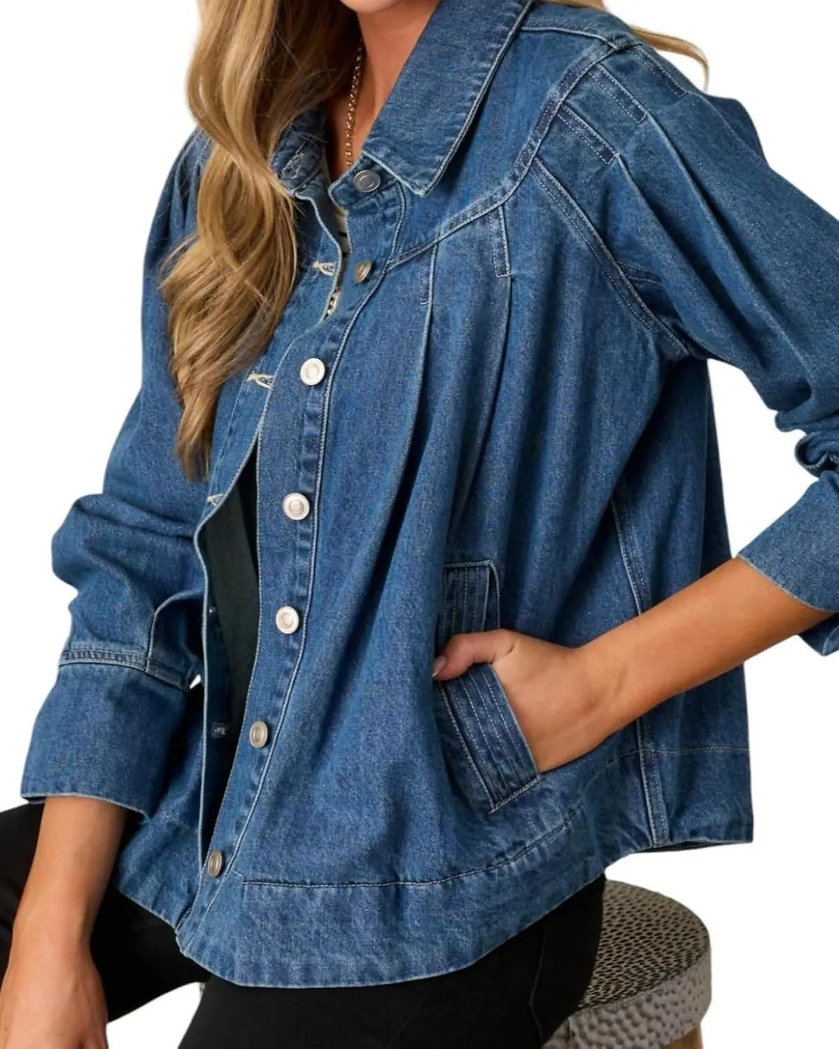 Womens Cropped Denim Jacket Long Sleeve Collared Button Down Pleated Jean Jckets with Pockets