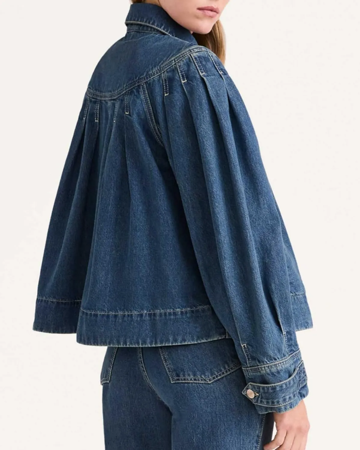 Womens Cropped Denim Jacket Long Sleeve Collared Button Down Pleated Jean Jckets with Pockets