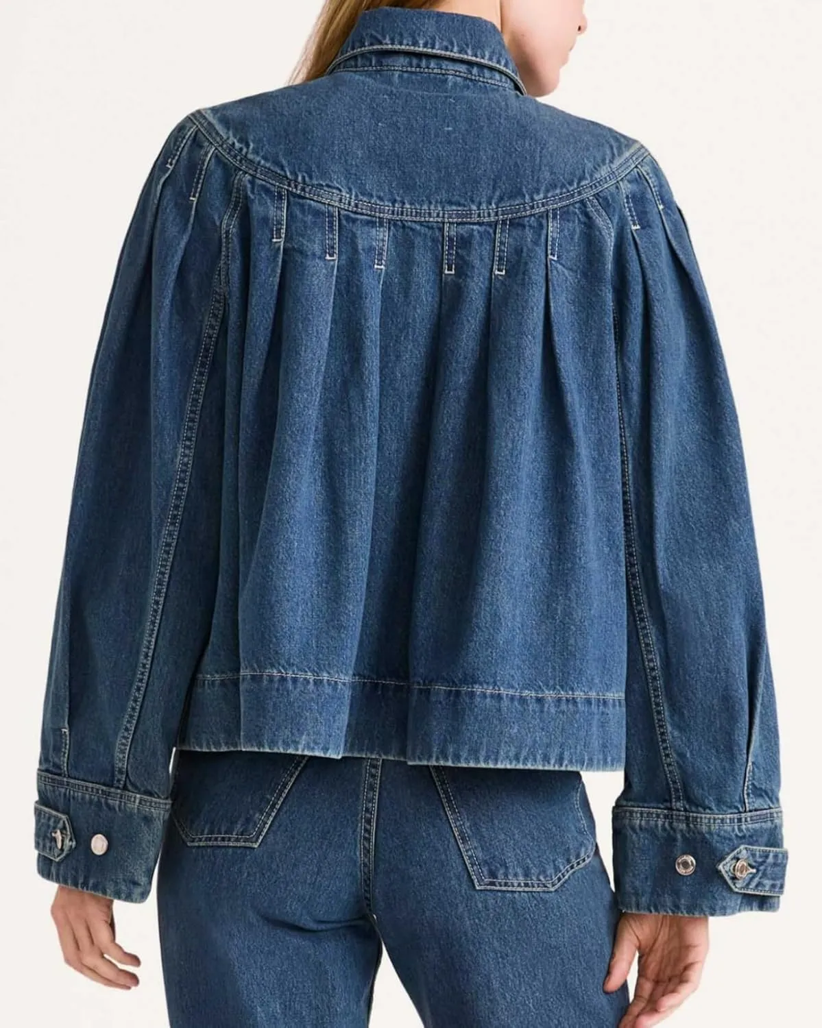 Womens Cropped Denim Jacket Long Sleeve Collared Button Down Pleated Jean Jckets with Pockets