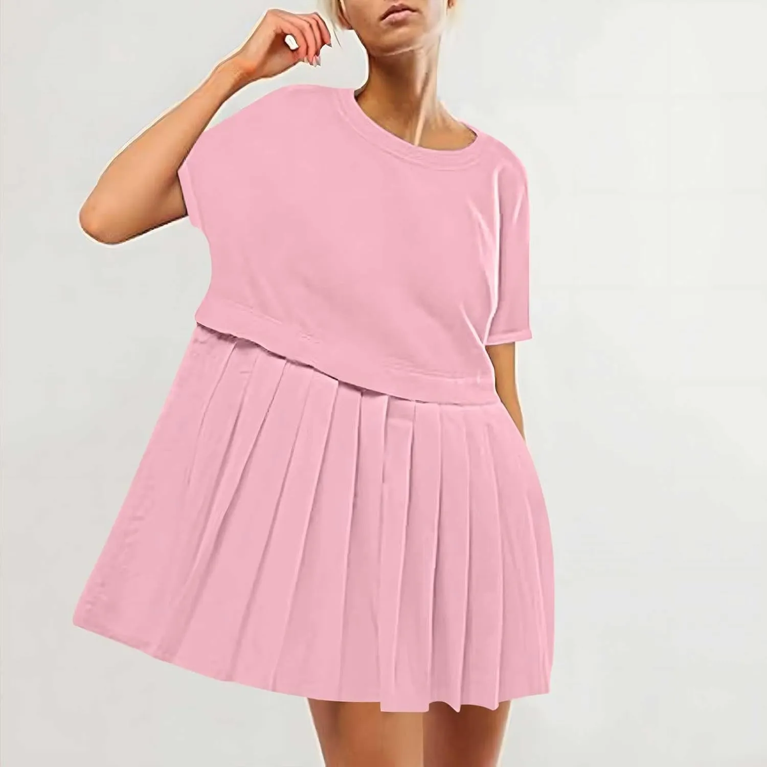 Womens Cute Splicing Sweatshirt Dress Summer Ruffle A Line Babydoll Dress Short Sleeve Athletic Tennis Mini Dresses