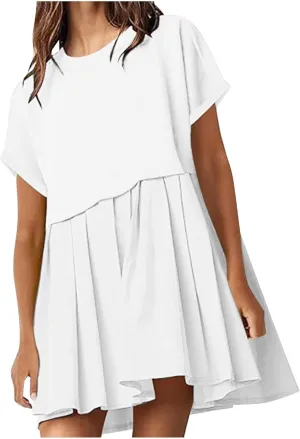 Womens Cute Splicing Sweatshirt Dress Summer Ruffle A Line Babydoll Dress Short Sleeve Athletic Tennis Mini Dresses