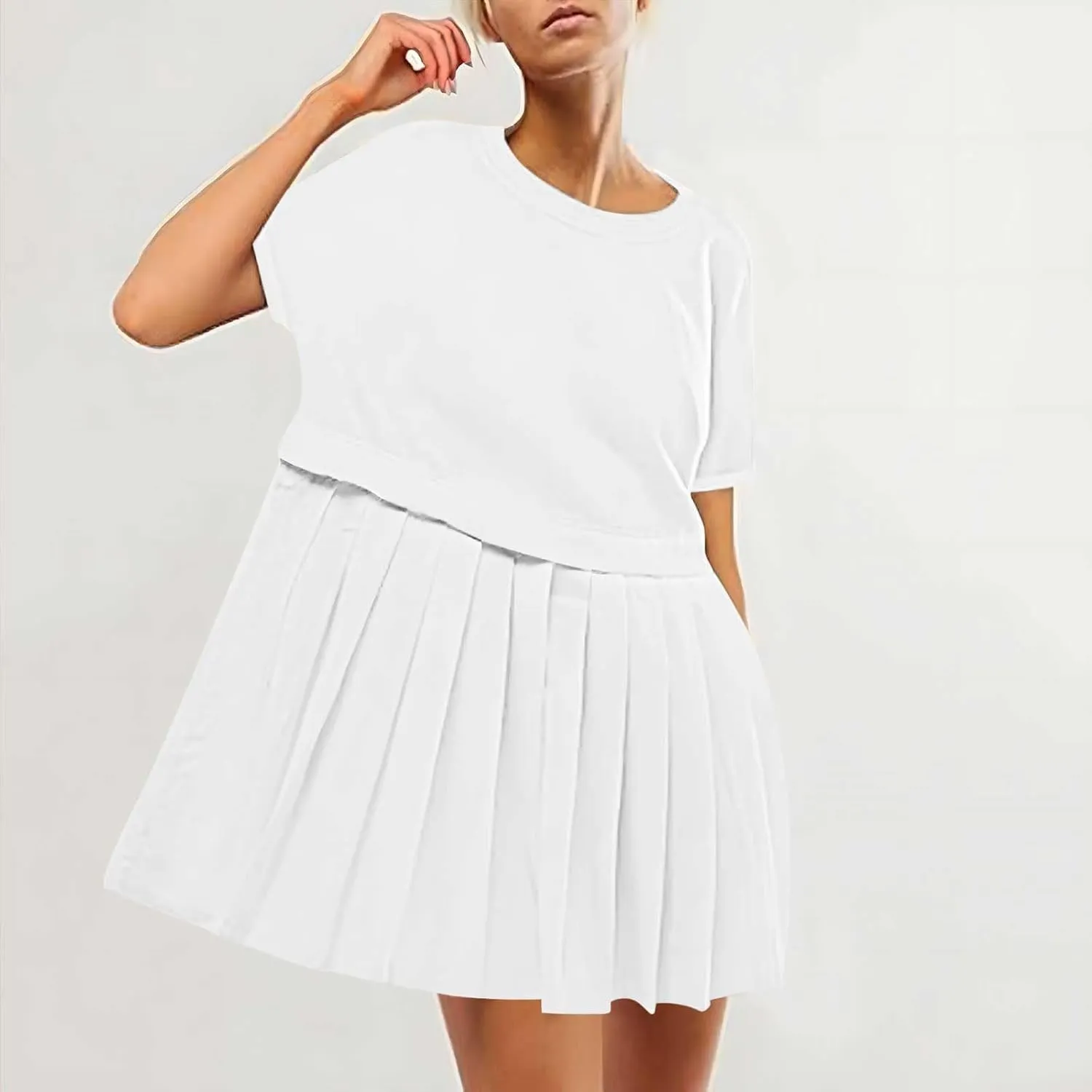 Womens Cute Splicing Sweatshirt Dress Summer Ruffle A Line Babydoll Dress Short Sleeve Athletic Tennis Mini Dresses